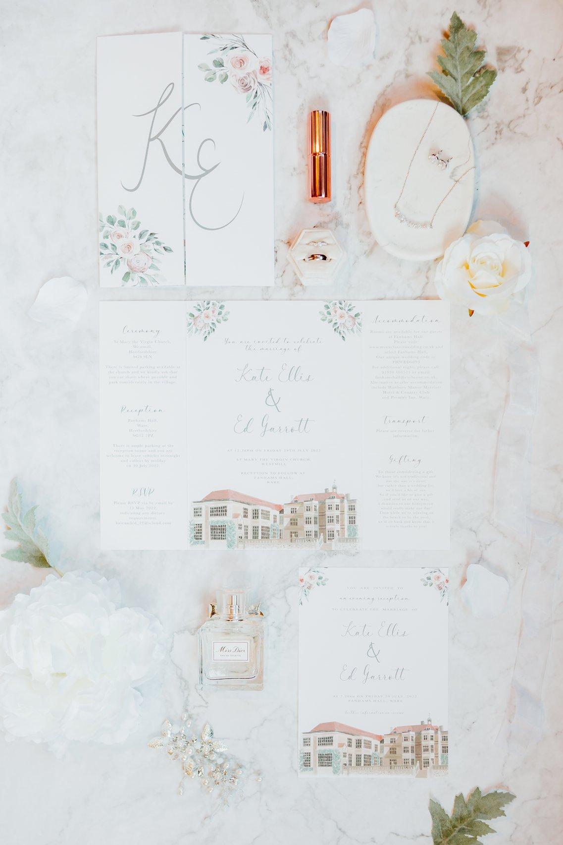 Wedding stationery laid out flat