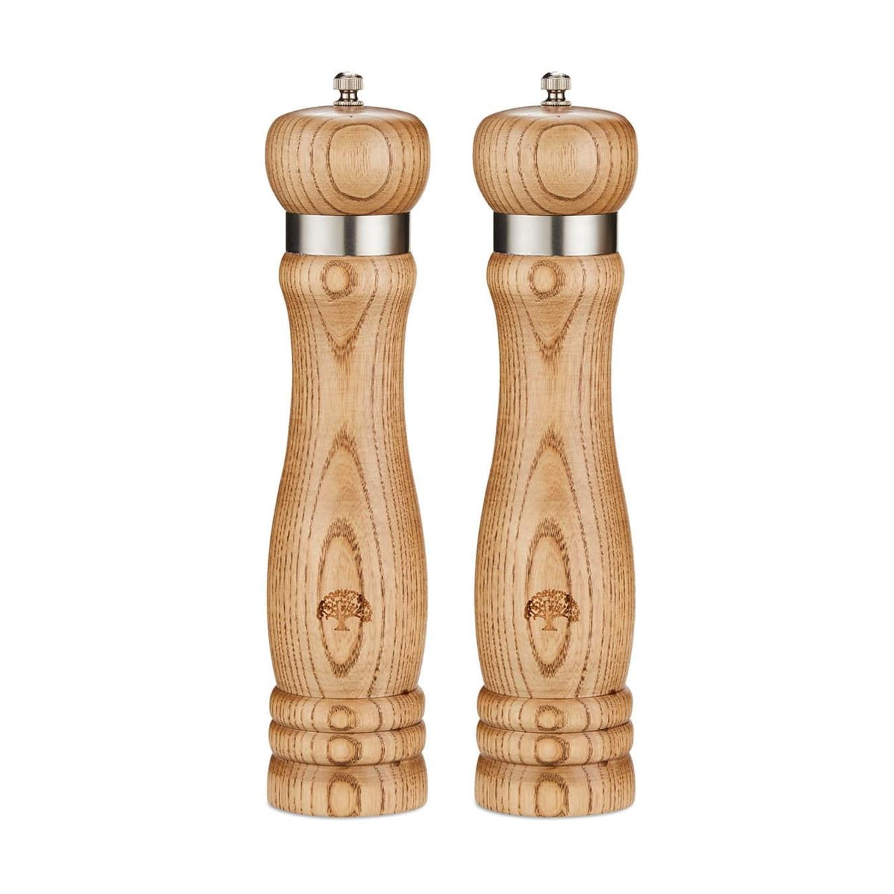 carved oak salt and pepper mills with stainless steel detail
