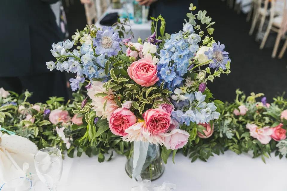 Pink and blue vintage wedding flowers