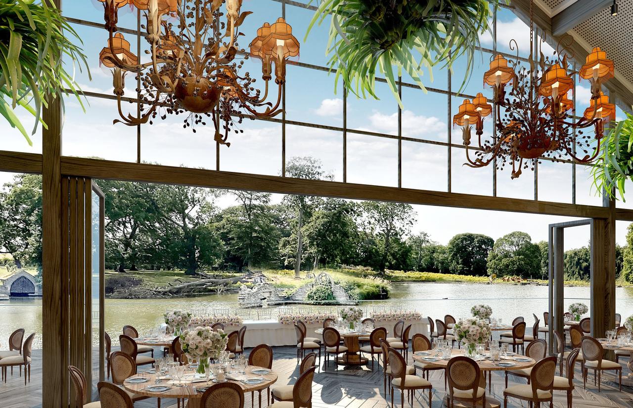 A bright and airy wedding reception overlooking a pond and lush gardens
