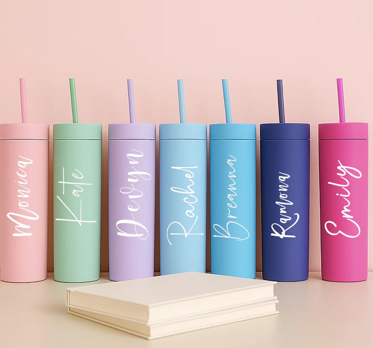 line up of colourful personalised water bottles