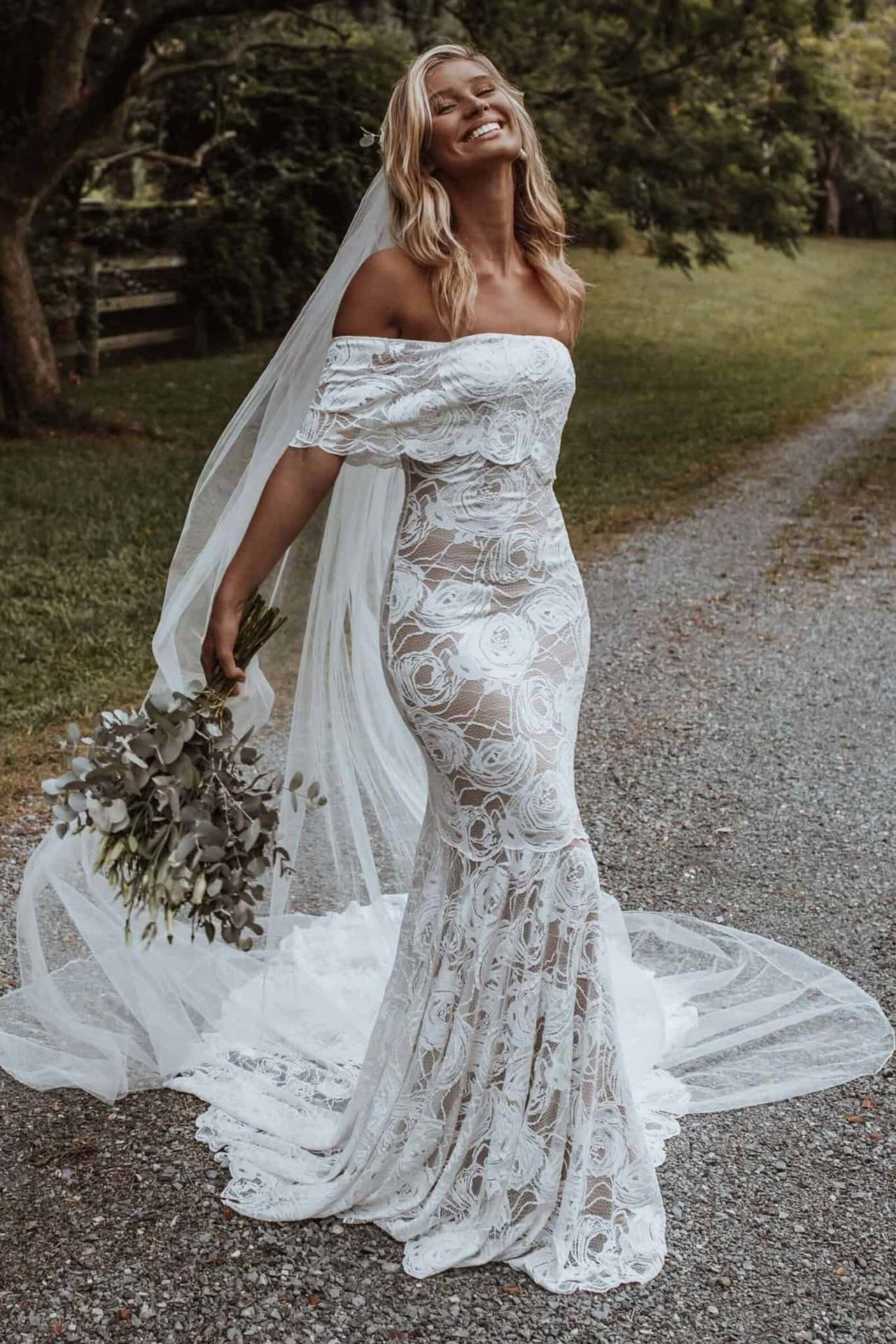 Off the shoulder long hot sale sleeve lace wedding dress