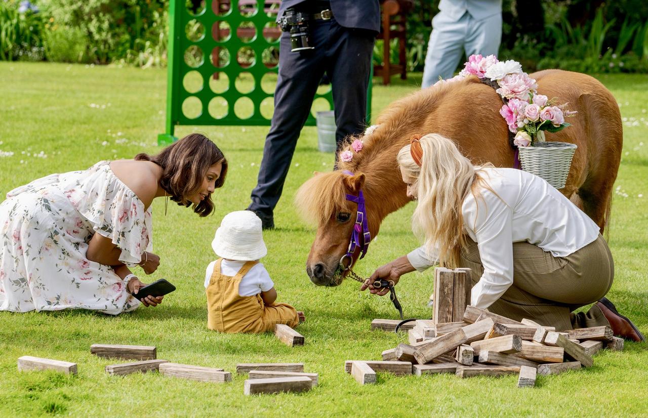 A small child playing with a pony entertainer at a wedding