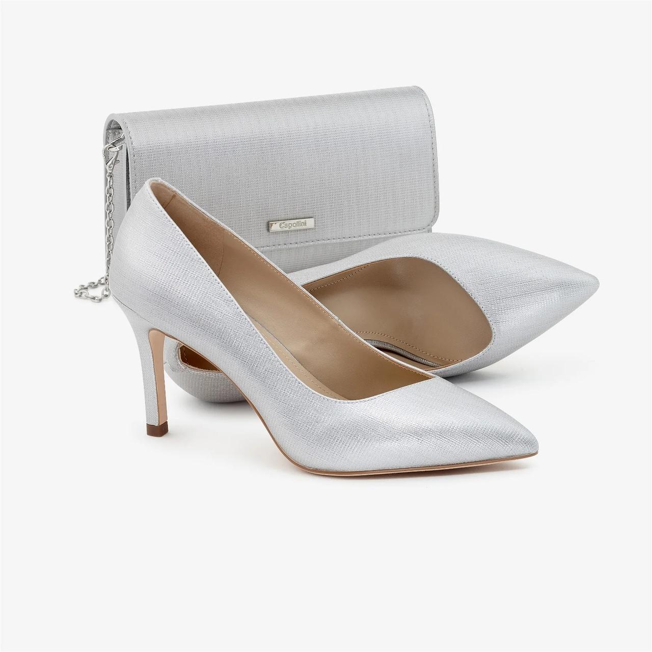 Capollini Vivian Pearlised Silver Leather High Heel Court Shoes & Clutch Bag – Lace & Favour