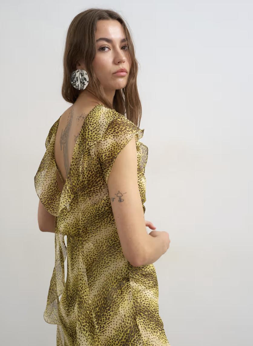 yellow animal print wedding guest dress