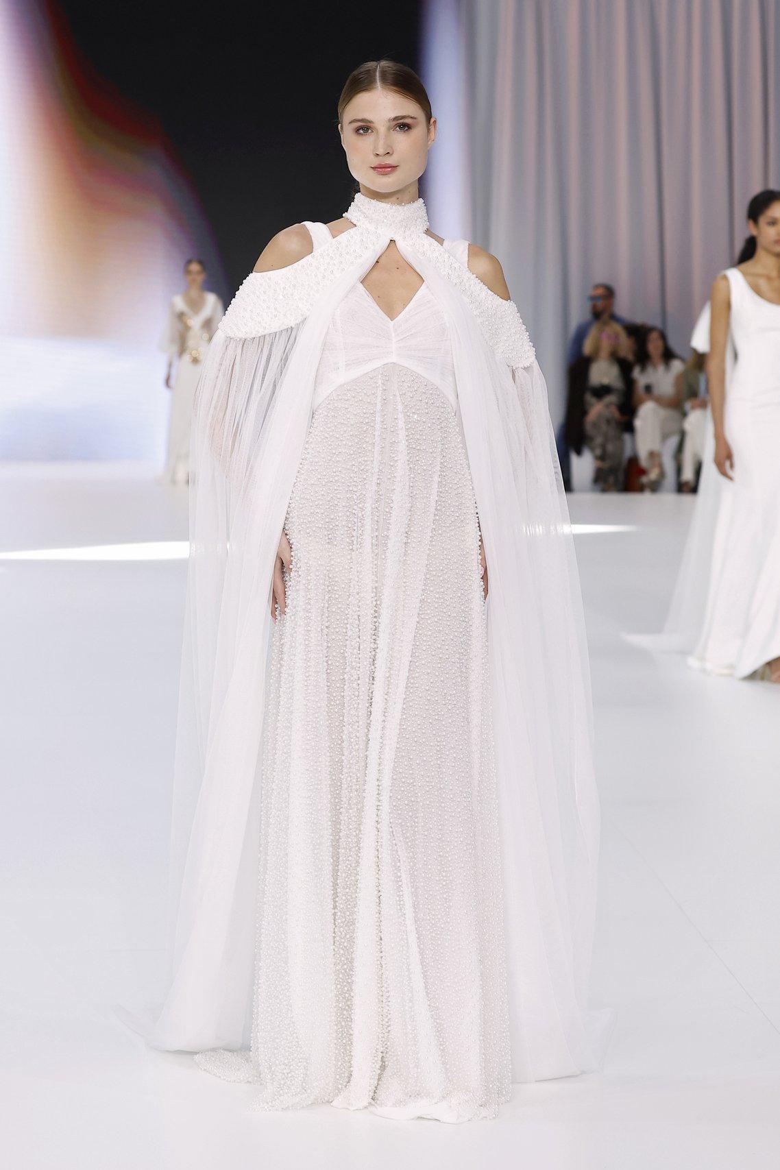 pearl embellished wedding dress with matching scarf at Barcelona 2026 bridal week by Amarca