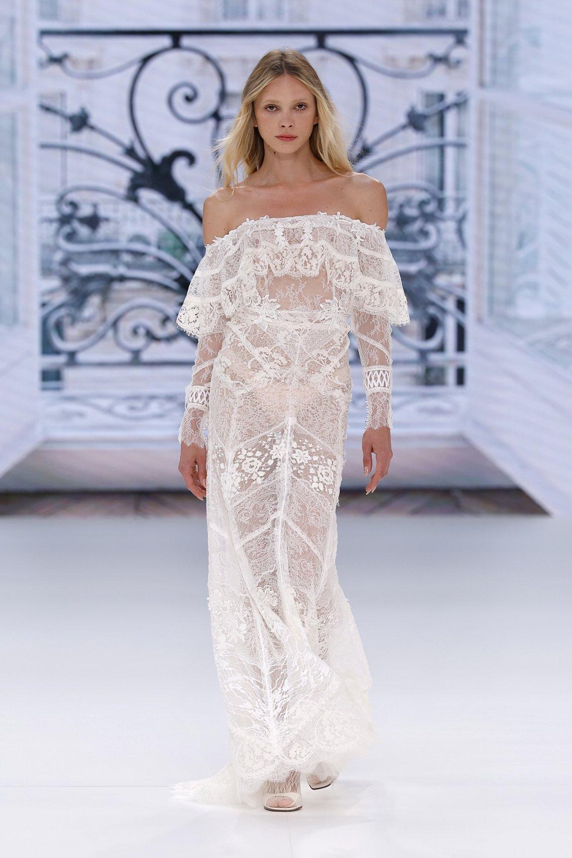 boho style lace off the shoulder wedding dress with lace sleeves