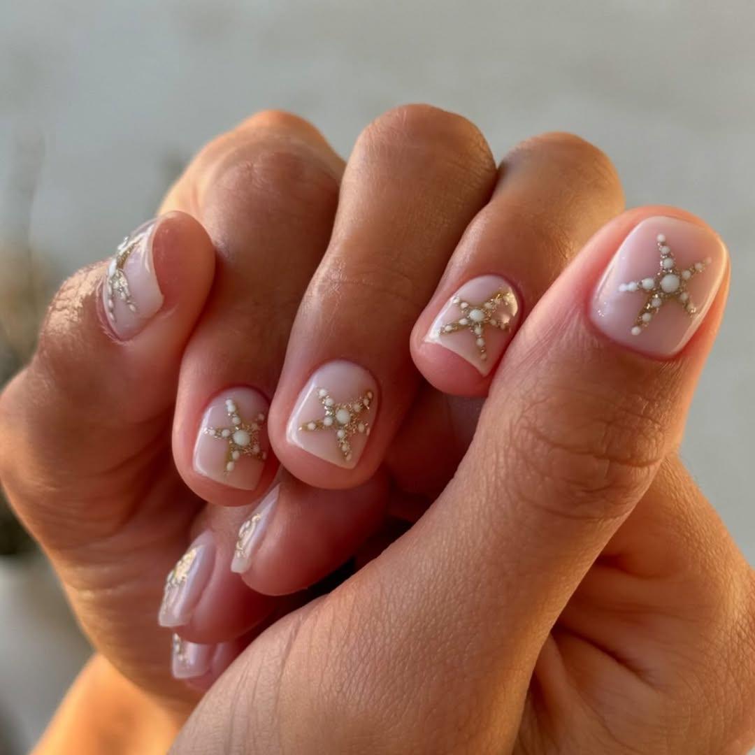 Milky pink white starfish nail art
