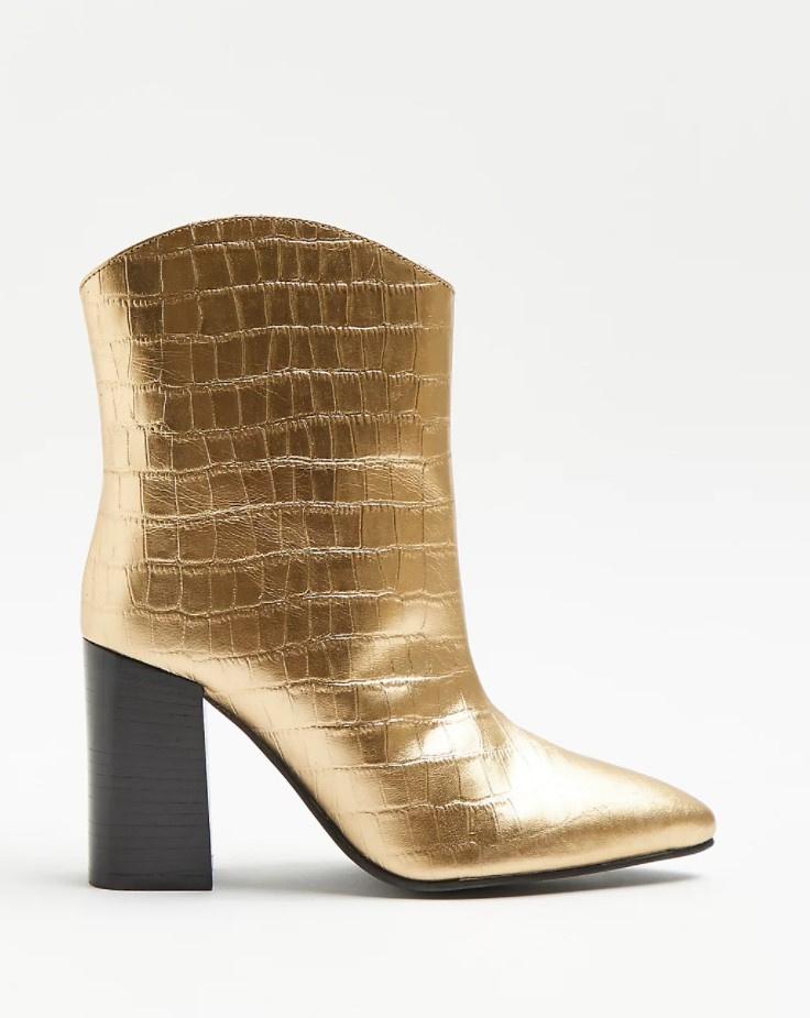 gold croc embossed high heel boots for winter wedding