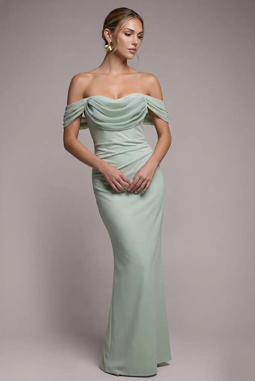 Goddiva Bardot Scuba & Chiffon Cowl Maxi Dress – Karen Millen