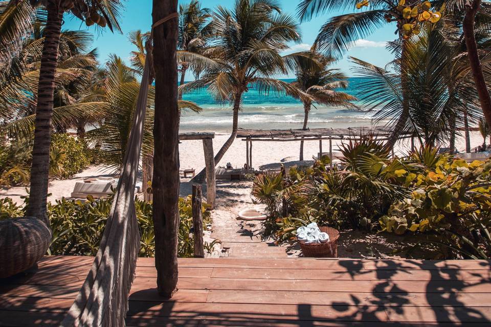 Paradise honeymoon destination beach with palm trees and a wooden deck