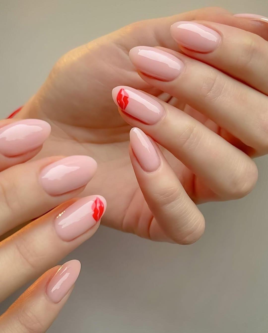 Nude manicure with red lip nail art