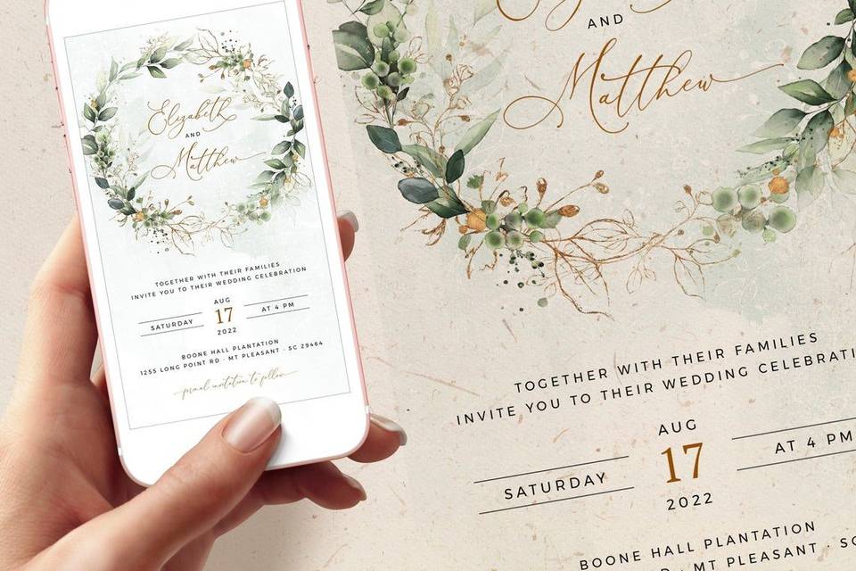 a hand holding an online wedding invitation with floral design on a phone