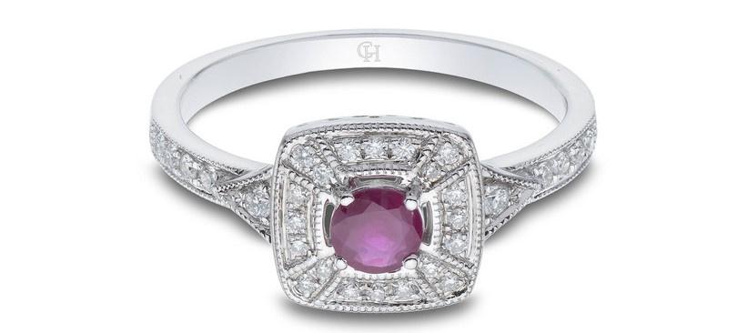 White gold diamond and ruby engagement ring