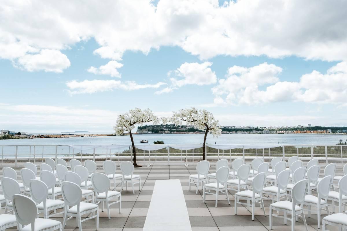 Outside wedding ceremony overlooking Cardiff bay
