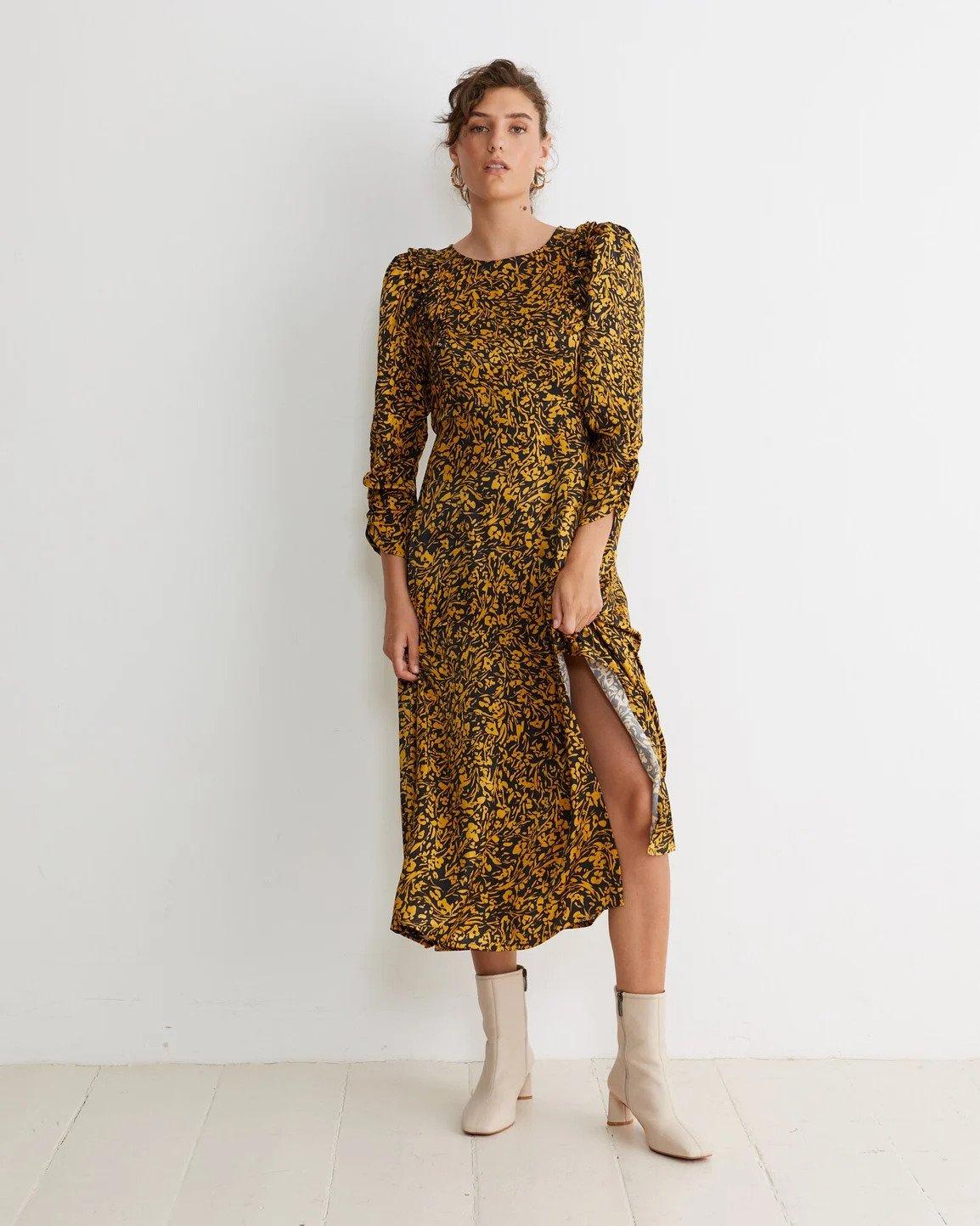 Ochre toned animal print midi dress with long puff sleeves