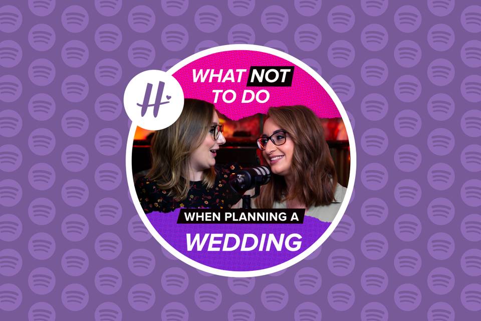 Article hero image featuring the What Not to Do When Planning a Wedding podcast branding, with a picture of Zoe and Nina chatting together, on a background of purple themed spotify logos