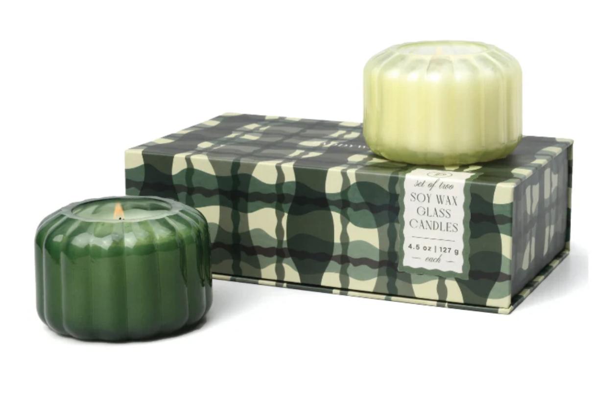 Soy wax glass candles in a green box