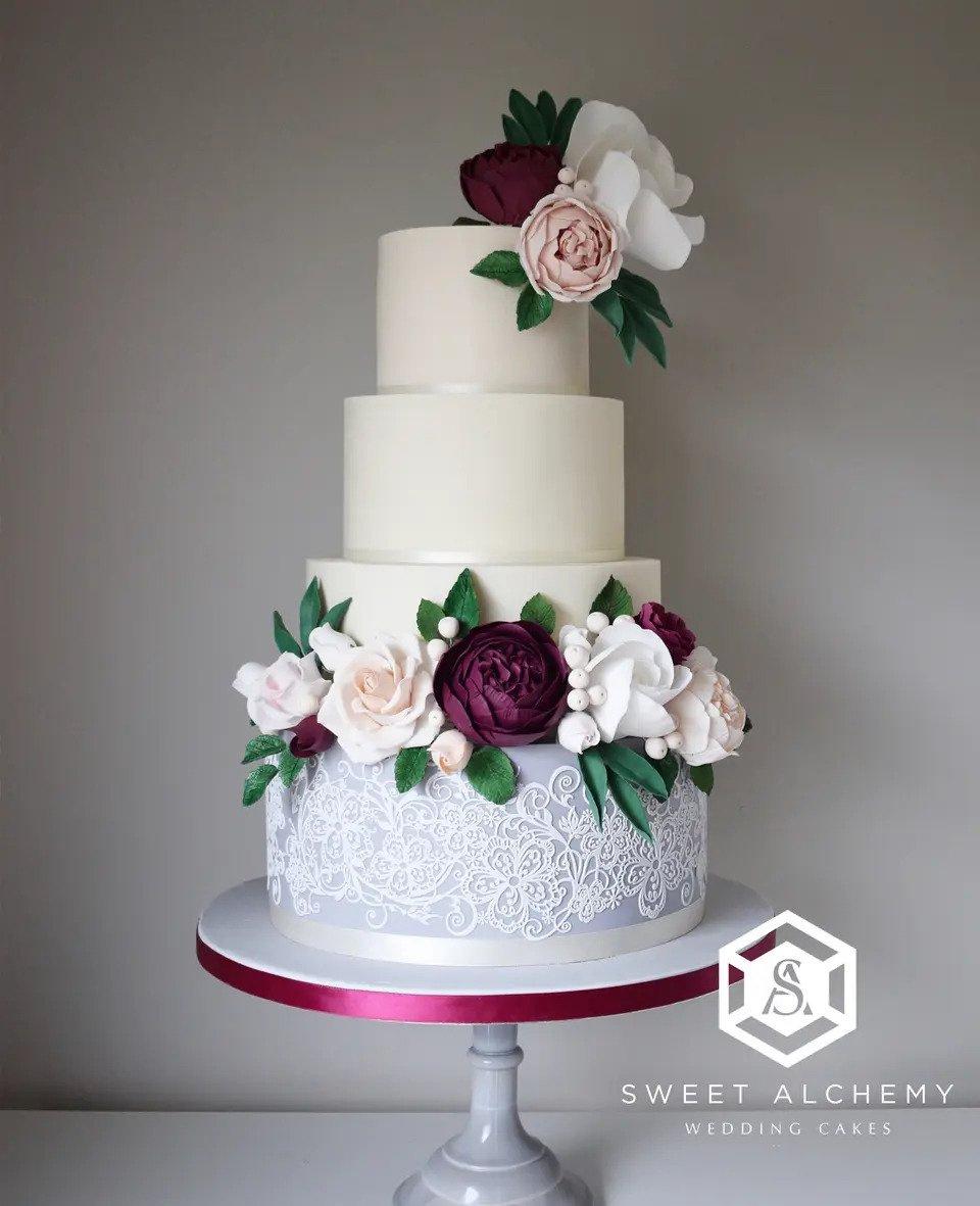Elegant White Butter Cream Wedding cake with Hot Pink Ribb… | Flickr