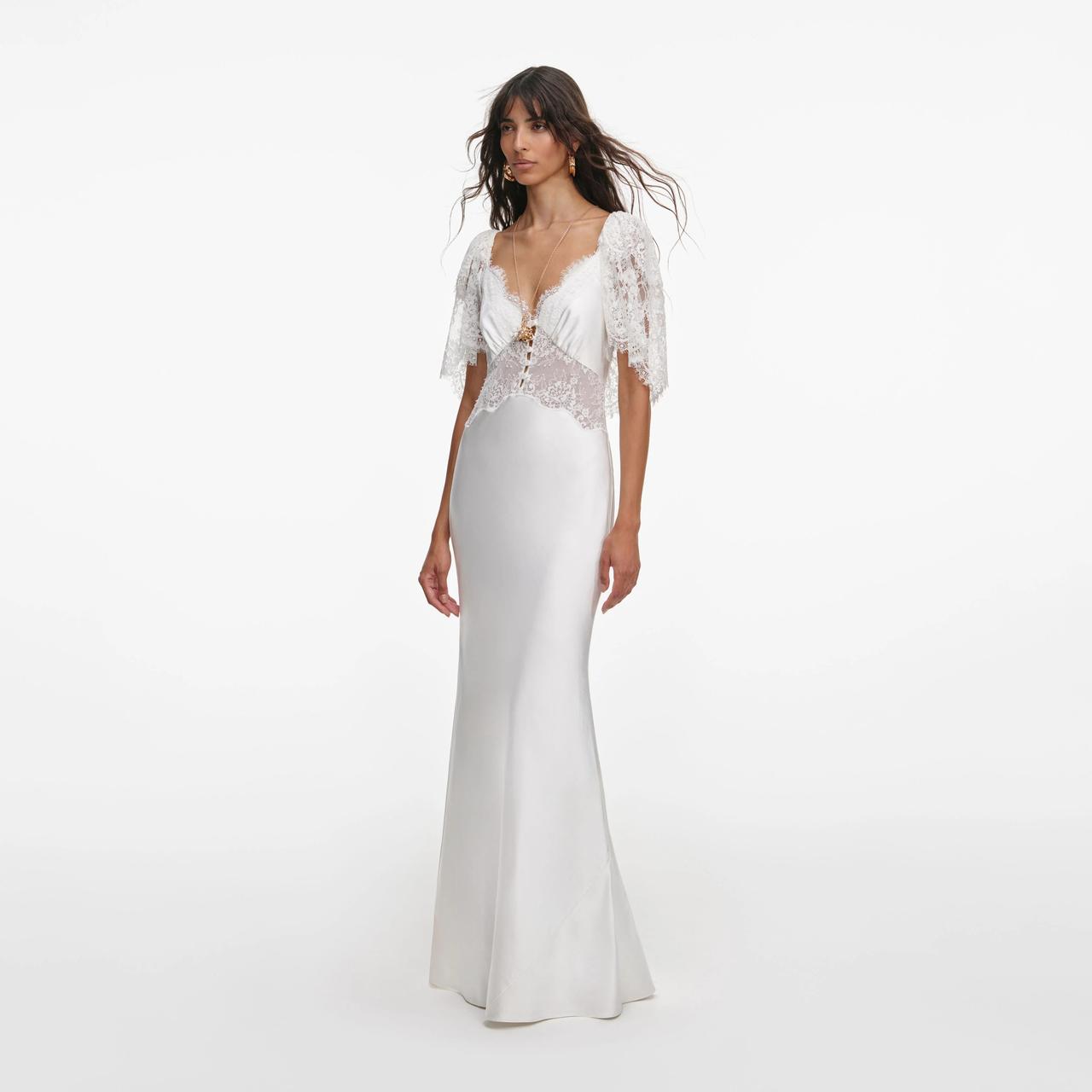 White Fine Lace Satin Maxi Dress – Self Portrait