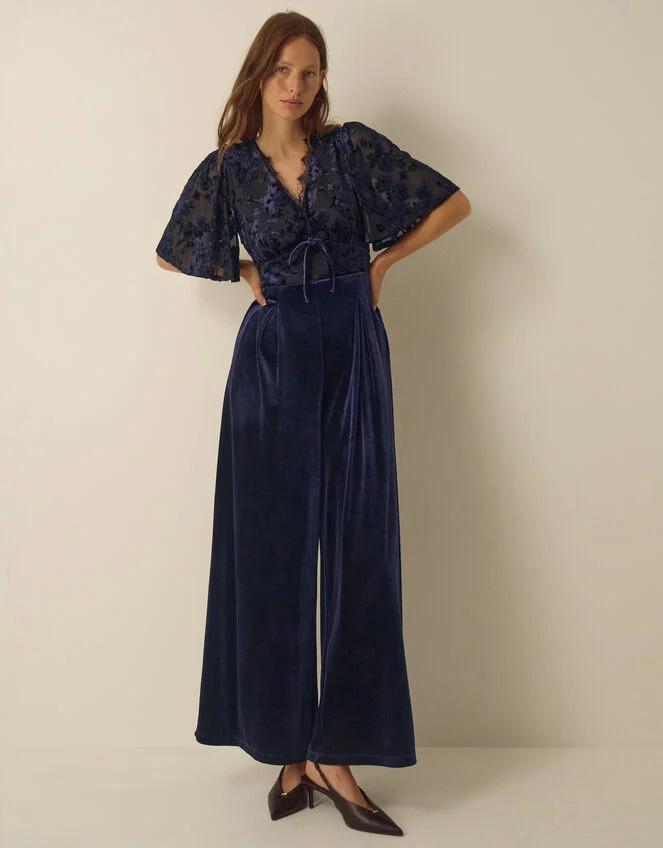 Nadine Floral Devoré Velvet Jumpsuit Blue – Monsoon