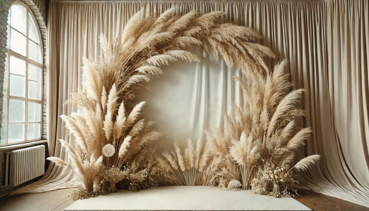 A circular wreath covered in an abundance of fluffy cream and beige pampas grass against a backdrop of cream fabric 