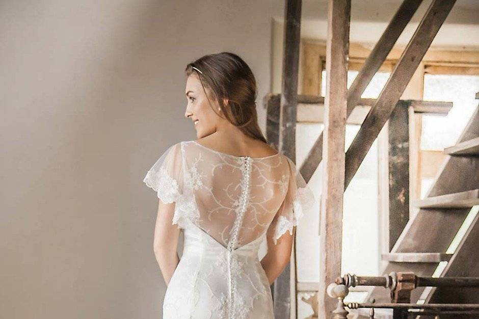 Illusion Neck Beaded Flower Lace Shimmery Wedding Dress