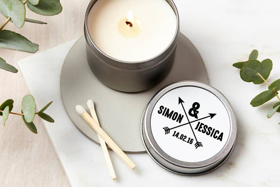 Silver personalised wedding candle favours with eucalyptus 