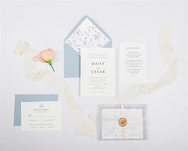 Pastel blue themed vintage inspired wedding stationery suite