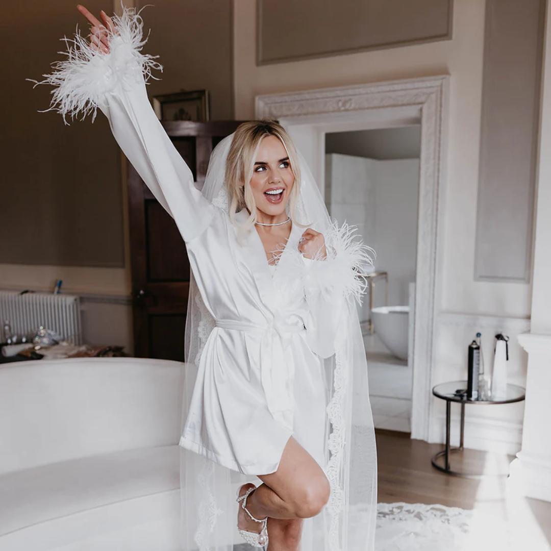 White Bridal Dressing Gown | Sexy Long Feather Wedding Lingerie