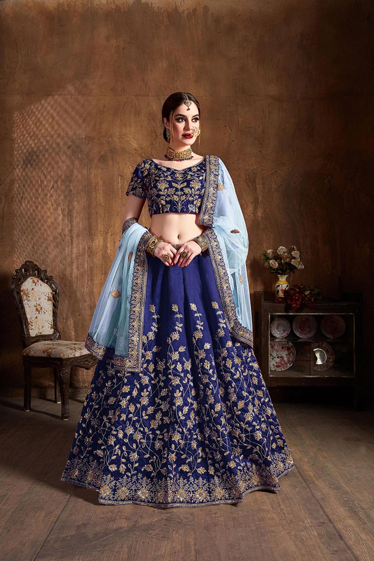 Rama blue blouse and flared lehenga with sequined dupatta - set of three by  Label Krisha | The Secret Label