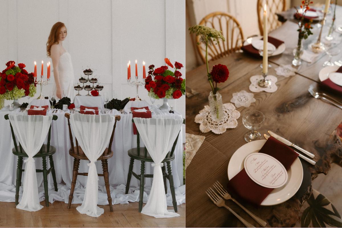 side by side shots of a grannycore inspired wedding table, one with white draped fabrics and tall red candlesticks and red blooms, the other with white doilies and simple silverware