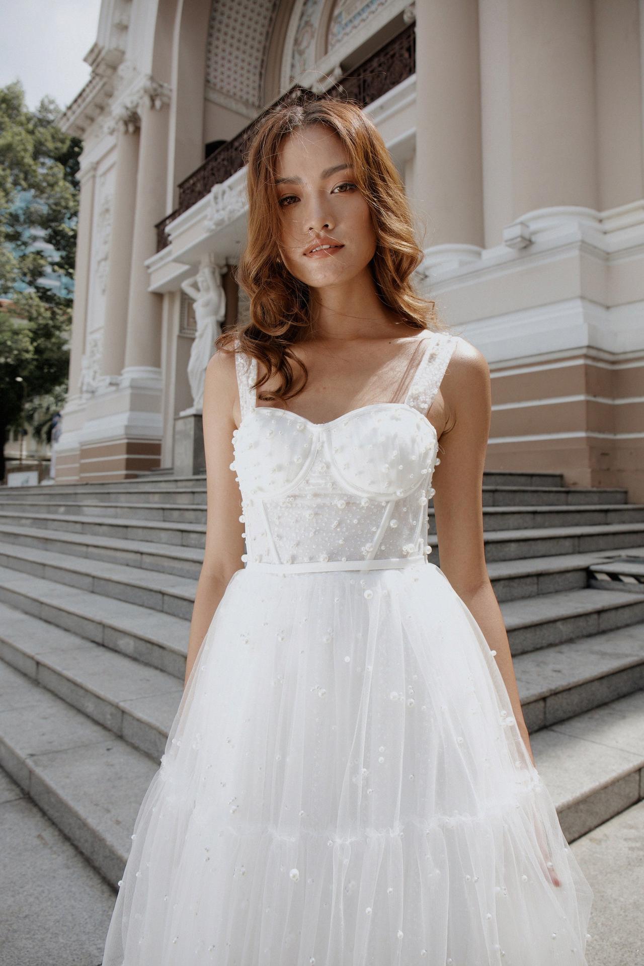 MADELYN Wedding Gown, Organza A Line, Bustier, Small Pearls, Wide