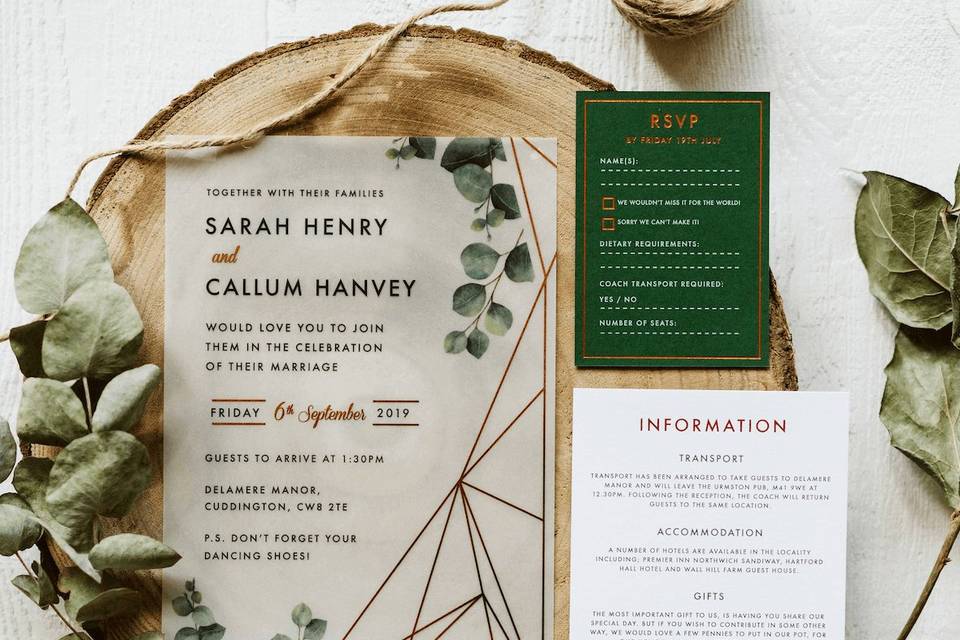  Rustic, geometric, Eucalyptus wedding invitation 