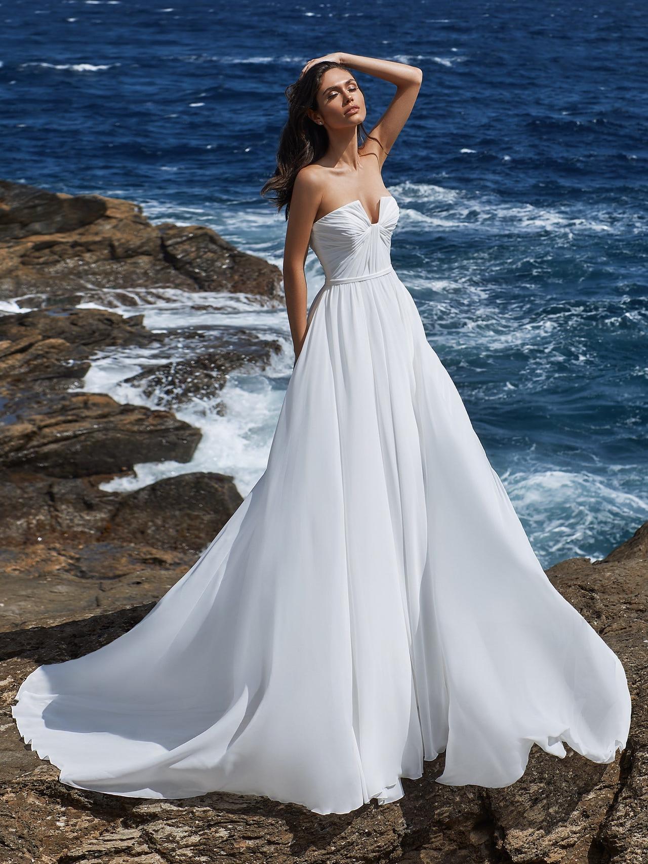 Model in a strapless wedding dress