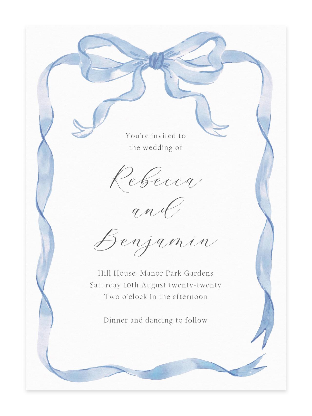 Blue ribbon wedding invitation 