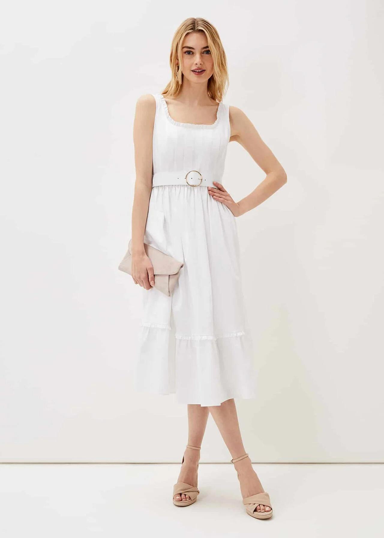 Model wearing a belted causal short wedding dress
