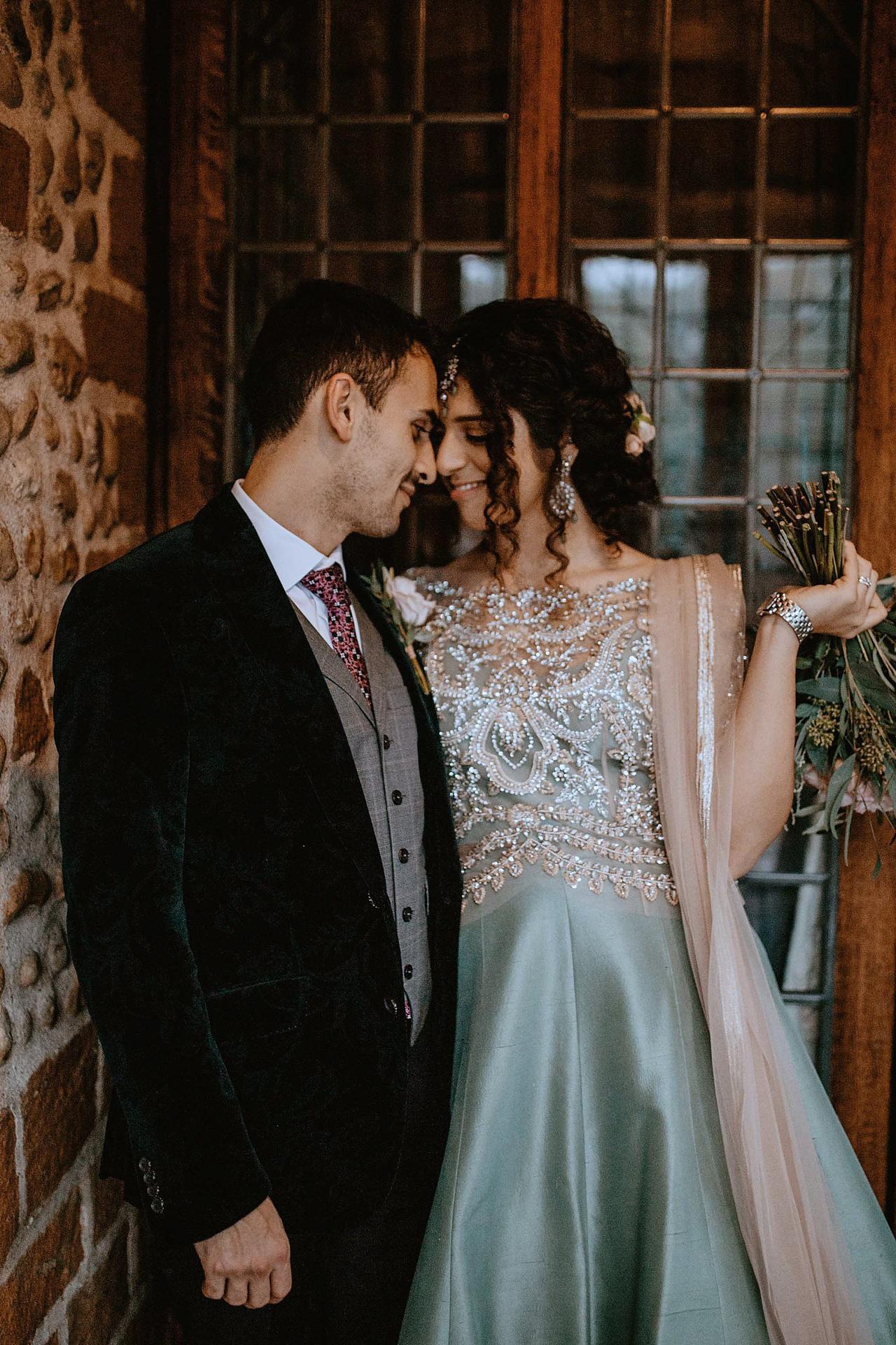 Bride and groom embracing