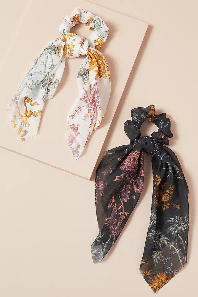 White and black floral patterned scrunchie scarves