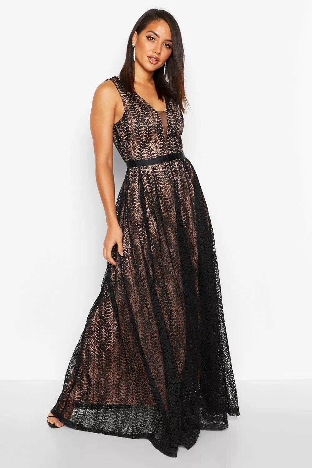 Model wearing a lace plunge black bridesmaid dress
