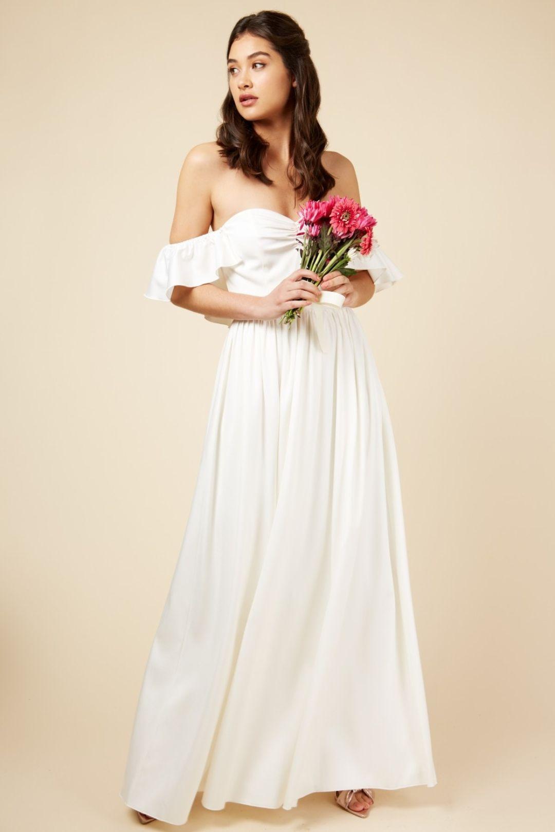 off the shoulder frill sleeve simple wedding dress