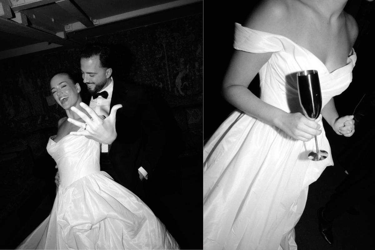 black and white side by side shots of a bride in her wedding dress drinking out of a silver coupe with her new husband