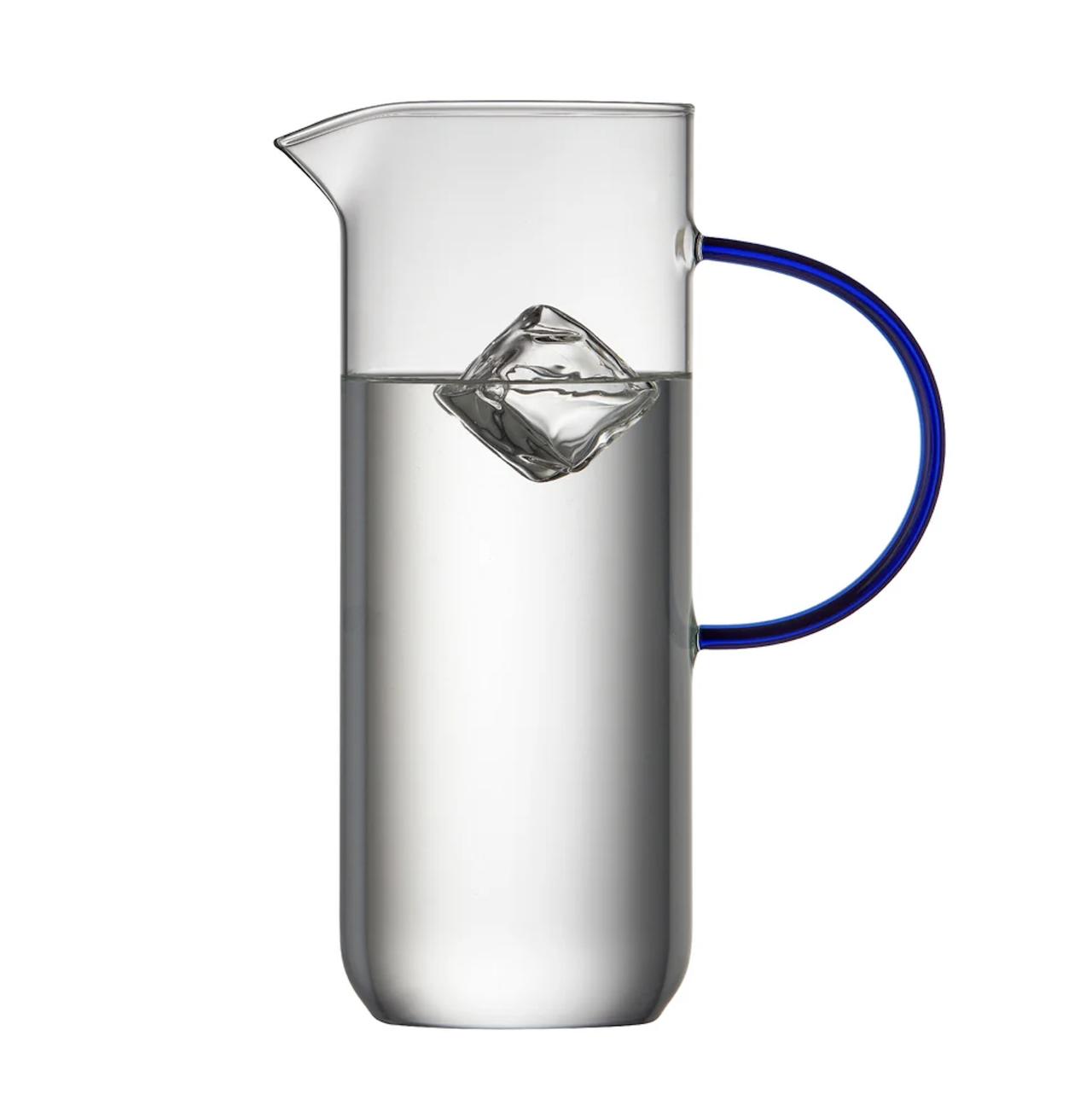 glass clear torino jug with a blue glass handle