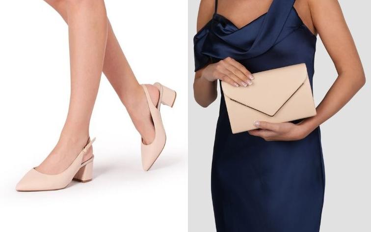 Flynn Wide Fit Nude Faux Leather Block Heel Slingbacks & Delyssa Clutch Bag – Paradox