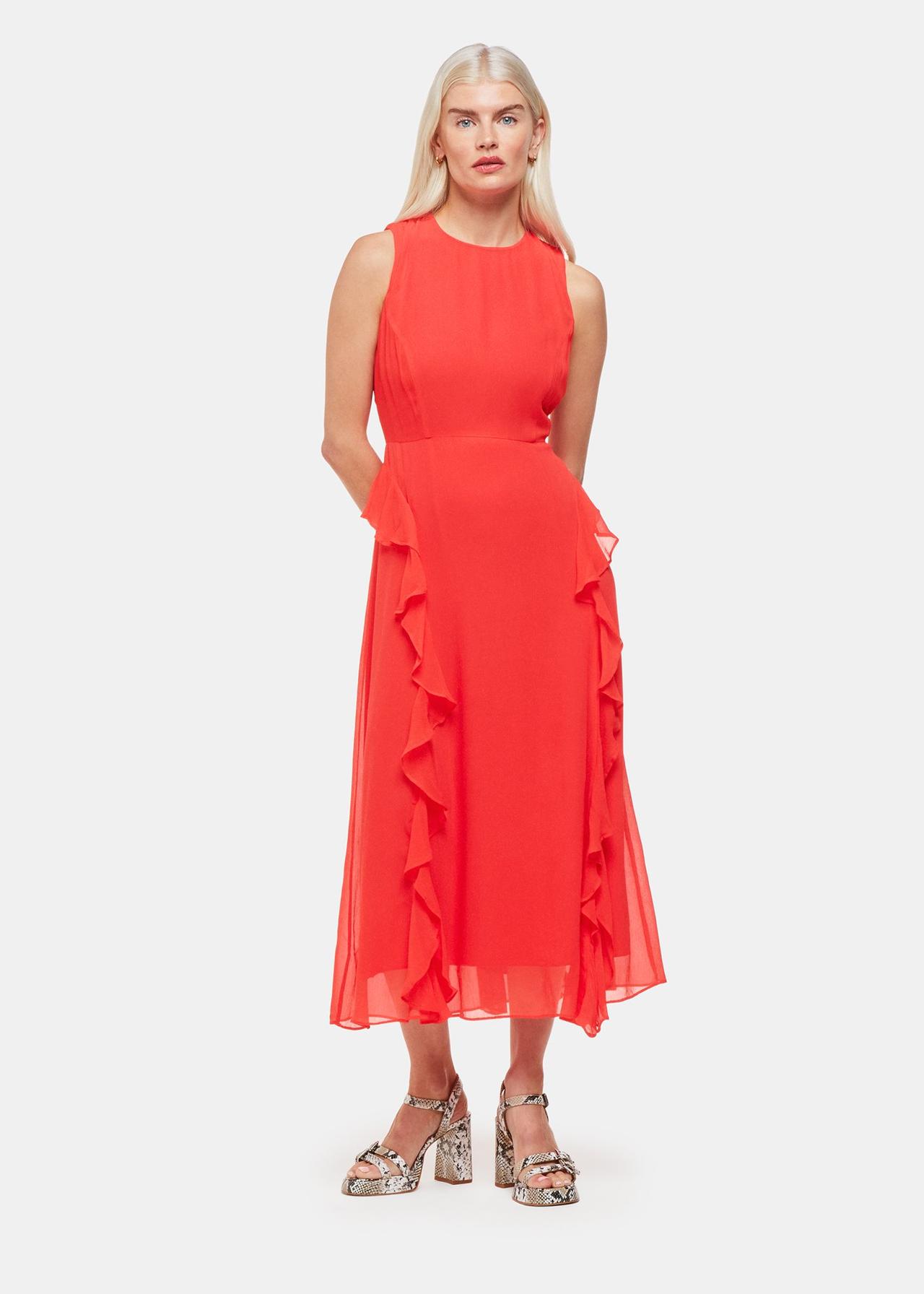 Whistles cotton belted midi dress with balloon sleeve in bold red