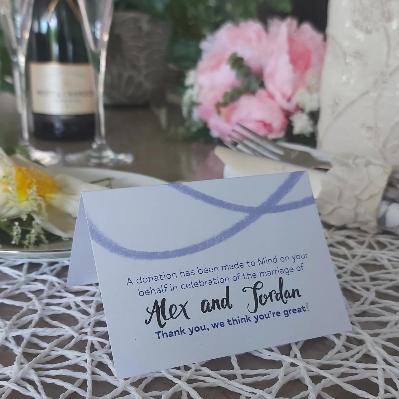 mind donation card wedding favours