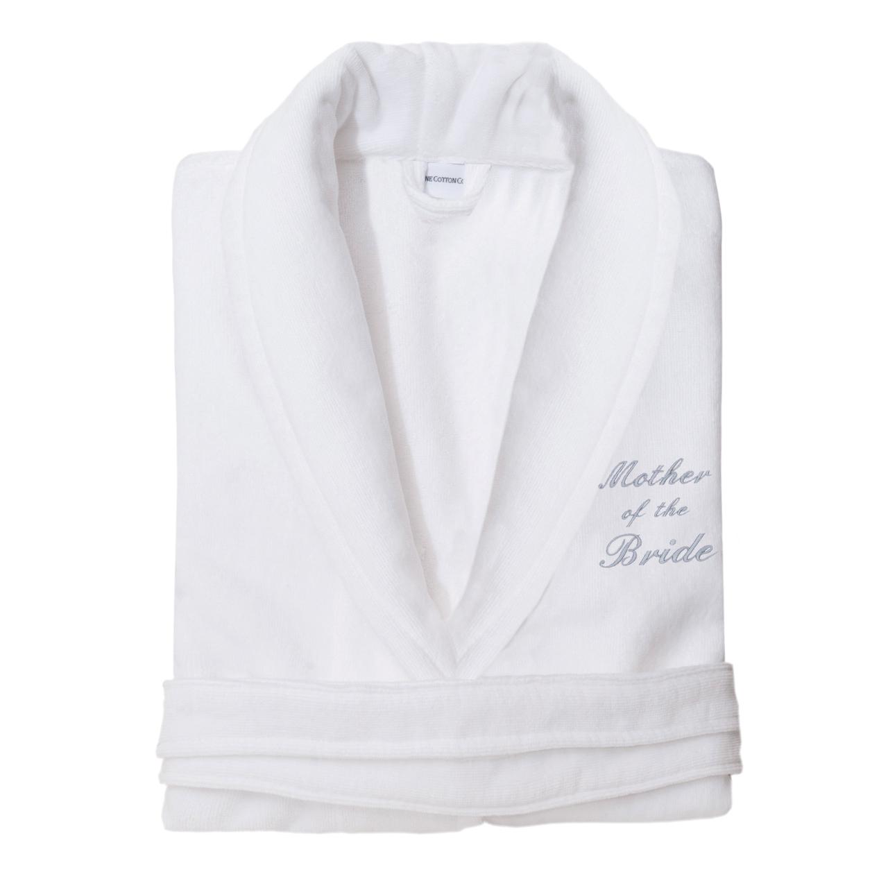 A white cotton bathrobe that's be embroidered with the words 'mother of the bride' in blue.