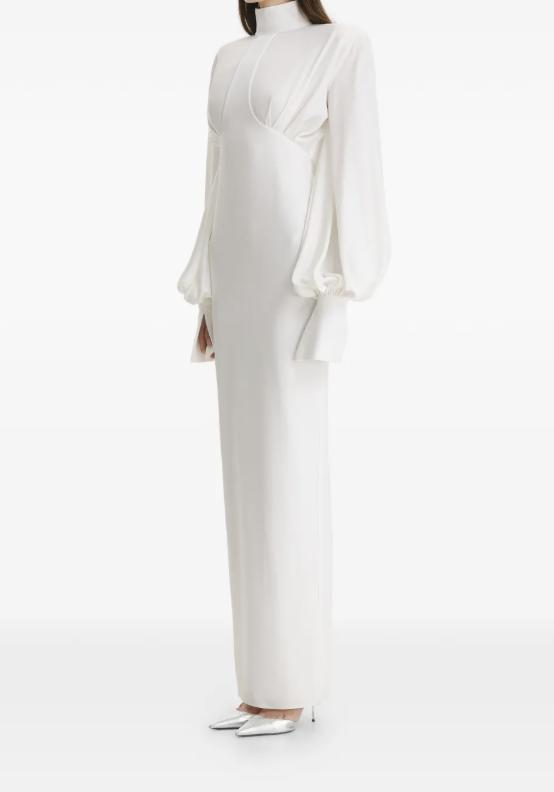 high neck puff sleeve white wedding dress