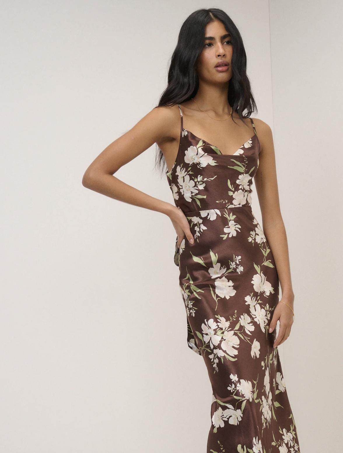 brown white flower silky bridesmaid dress nobody's child
