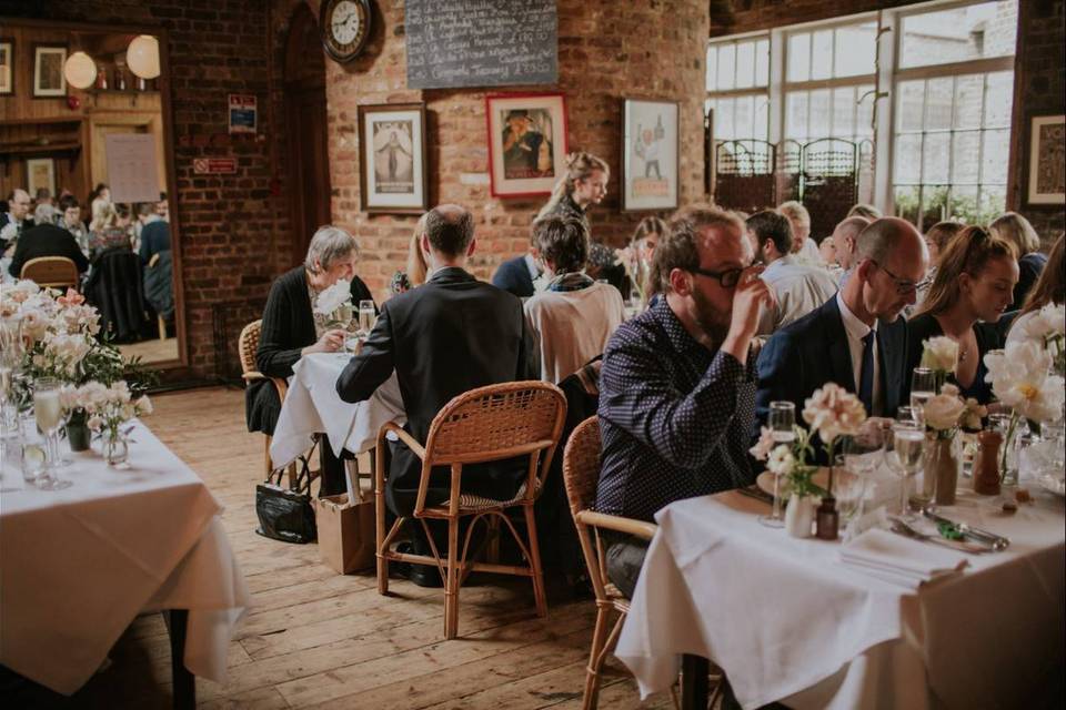 Wedding guests dining at a restaurant 